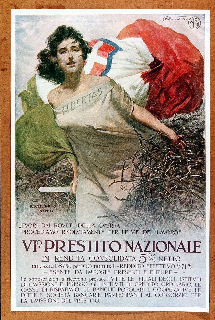 Ilustración alegórica italiana sobre el Préstamo Nacional, c.1918 (cartel) de Mario Borgoni