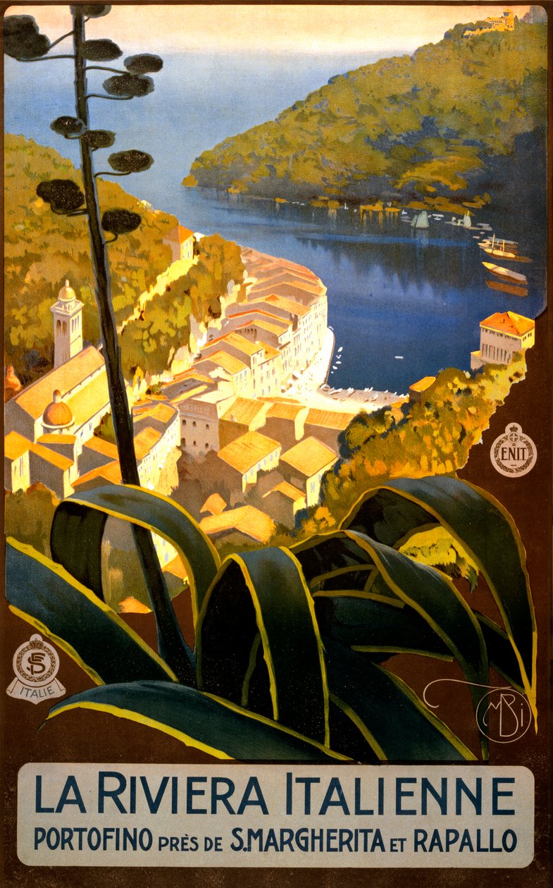 Póster de Viaje de La Riviera Italiana, c.1920 de Mario Borgoni