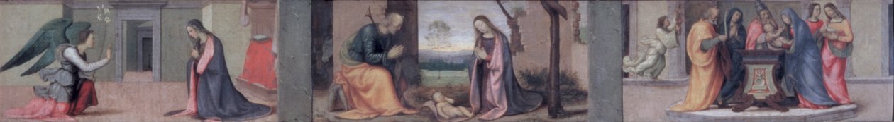 La Anunciación; La Natividad; La Presentación en el Templo, panel predela de La Visitación de Santa Isabel a la Madonna, 1503 de Mariotto Albertinelli