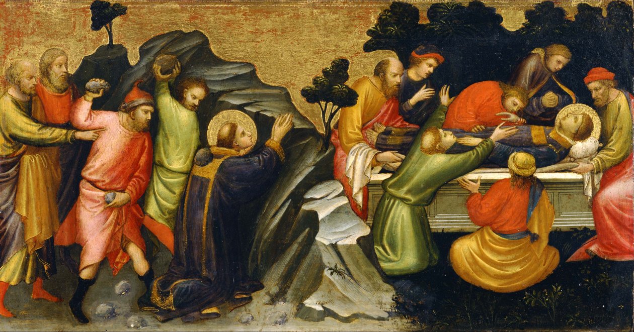 Panel de predela que representa la leyenda de San Esteban: La lapidación de San Esteban El entierro de San Esteban de Mariotto di Nardo