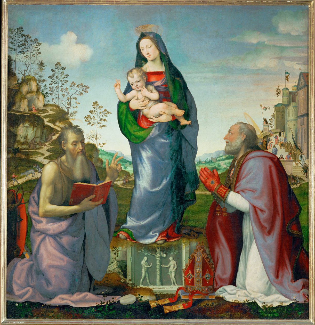 San Jerónimo y San Zenón adorando al Niño Jesús ... de Mariotto Albertinelli