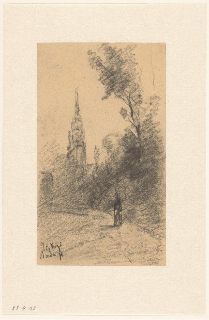 Jinete y paisaje con árboles y figuras de Marius Bauer
