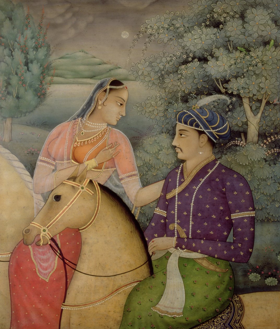 Una pareja a caballo junto a un lago iluminado por la luna de Mark Briscoe