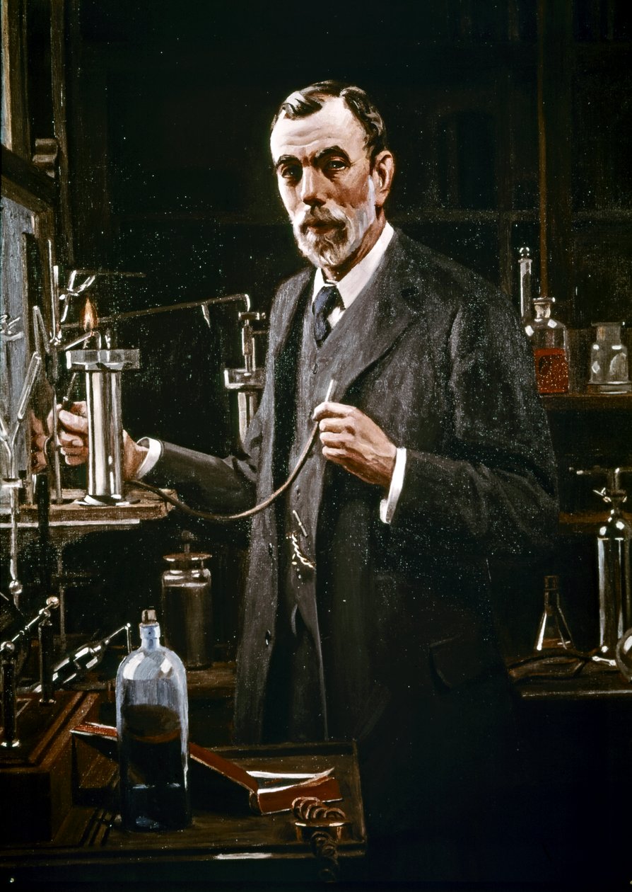 Sir William Ramsay en su laboratorio de Mark Richard Milbanke