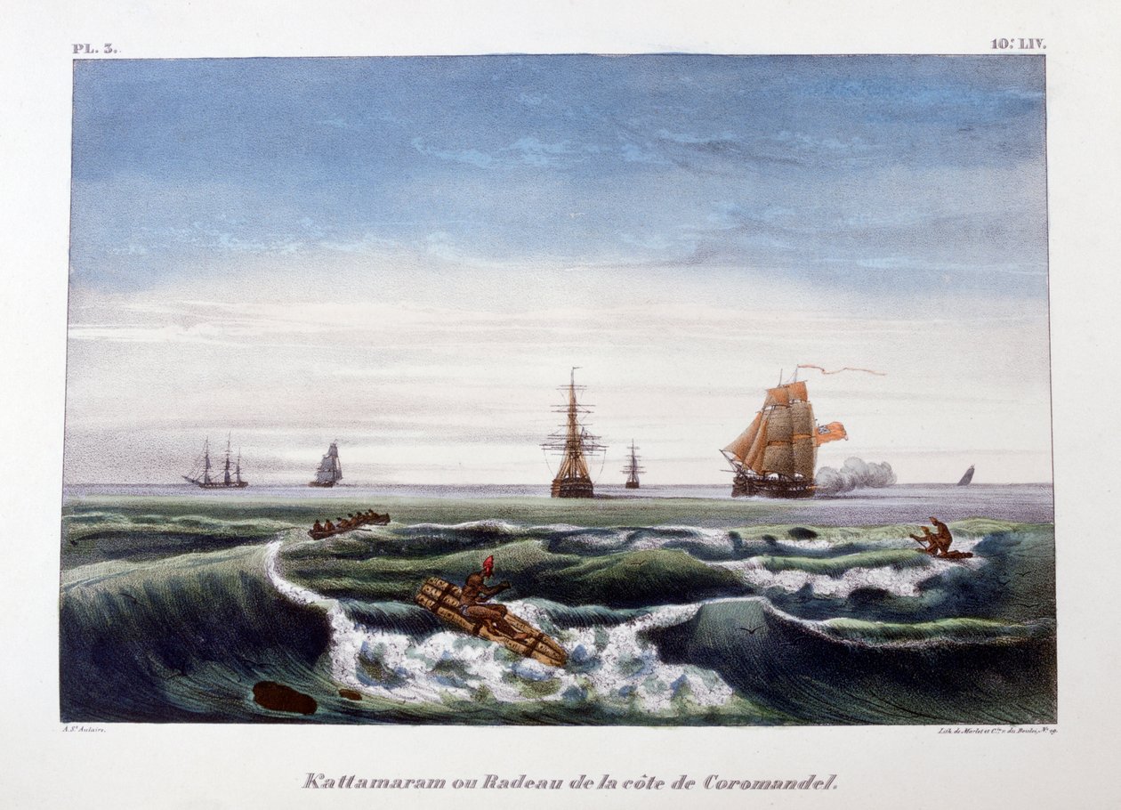 Una balsa frente a la costa de Coromandel, India, 1828 de Marlet et Cie