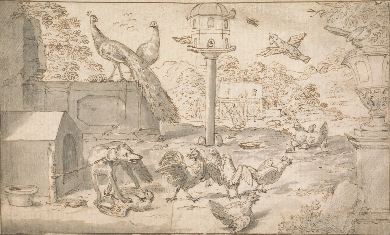 Paisaje con pájaros y perro de Marmaduke Cradock