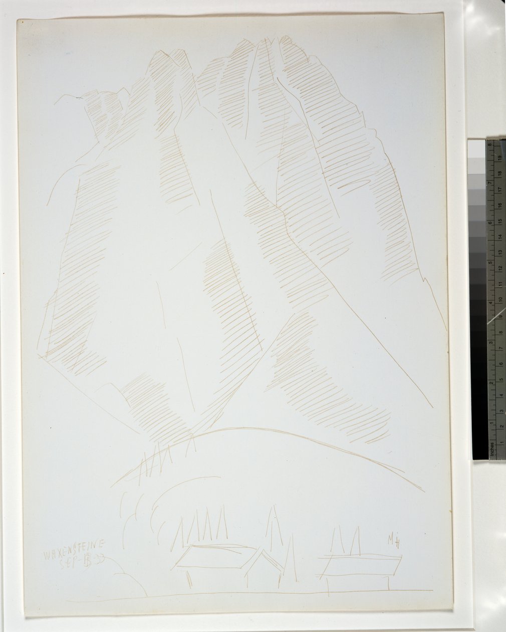 Paisaje montañoso con dos edificios en primer plano de Marsden Hartley