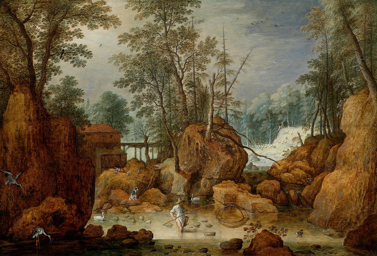 Un pescador en un río en un paisaje boscoso de Marten Ryckaert