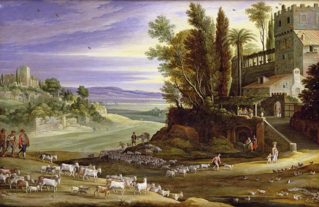 Paisaje con pastores y la Cena en Emaús de Marten Ryckaert
