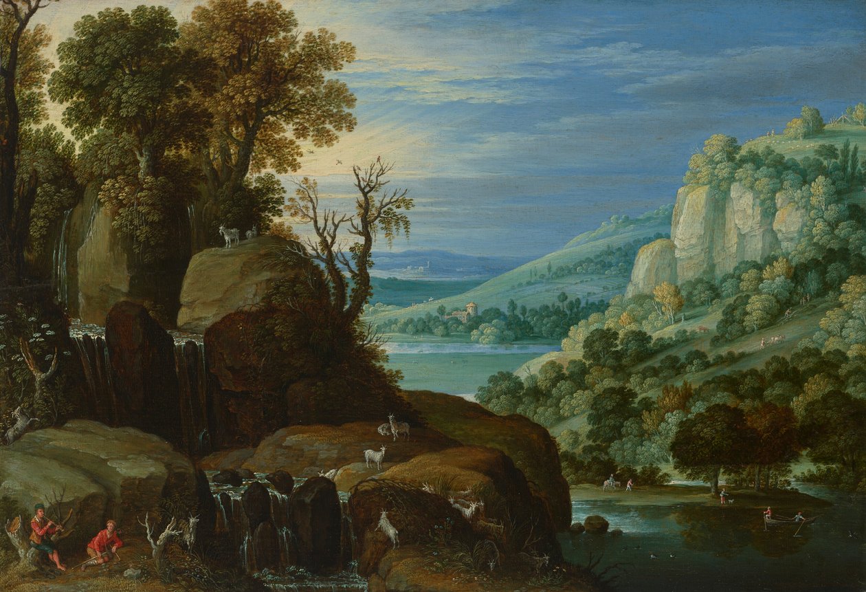 Un extenso paisaje fluvial con cabreros tocando la gaita junto a una cascada, una vista lejana de un lago y una ciudad más allá. de Marten Ryckaert