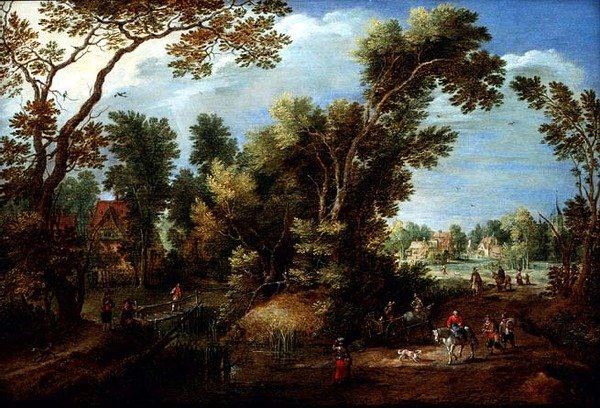 Paisaje fluvial boscoso con figuras de Marten Ryckaert