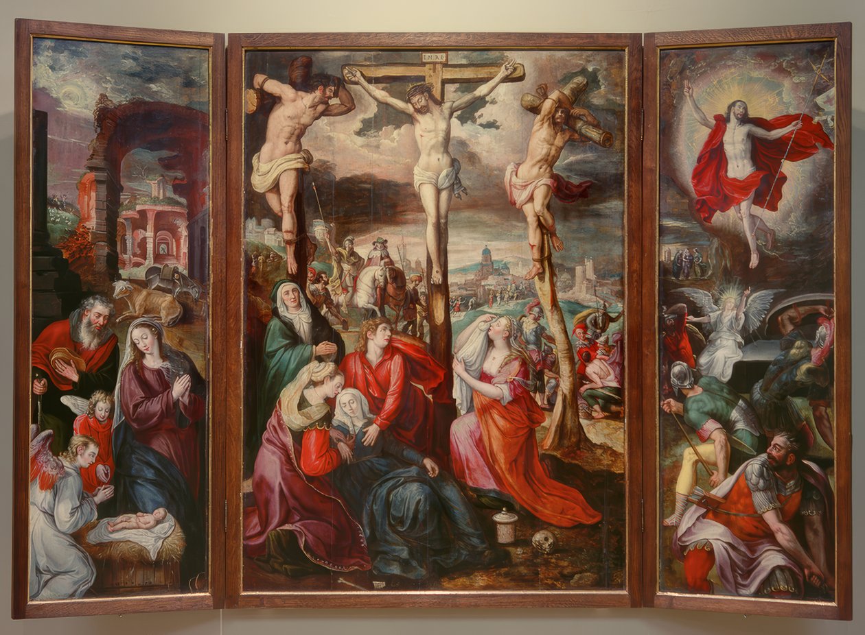 Crucifixión - Nacimiento de Cristo - Resurrección de Cristo de Marten de Vos