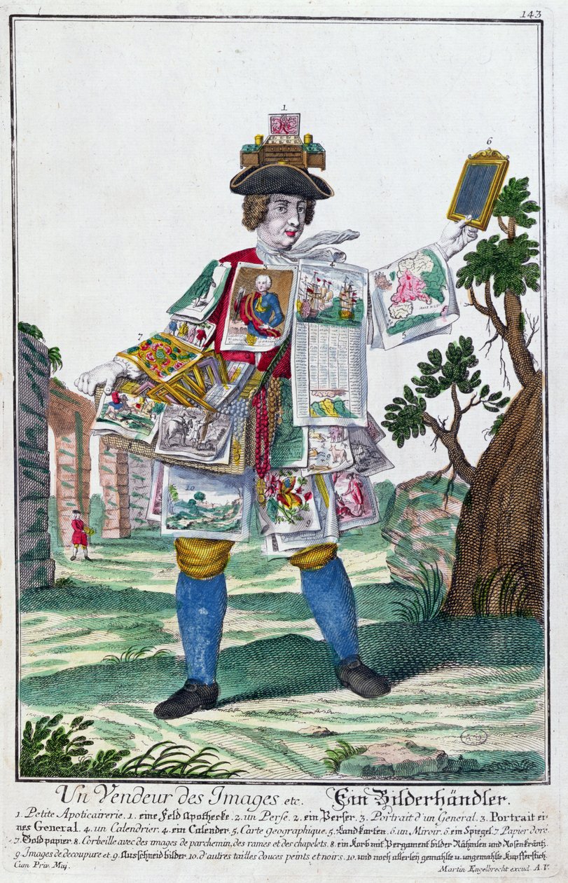 Vendedor de cuadros, c.1735 (grabado en color) de Martin Engelbrecht