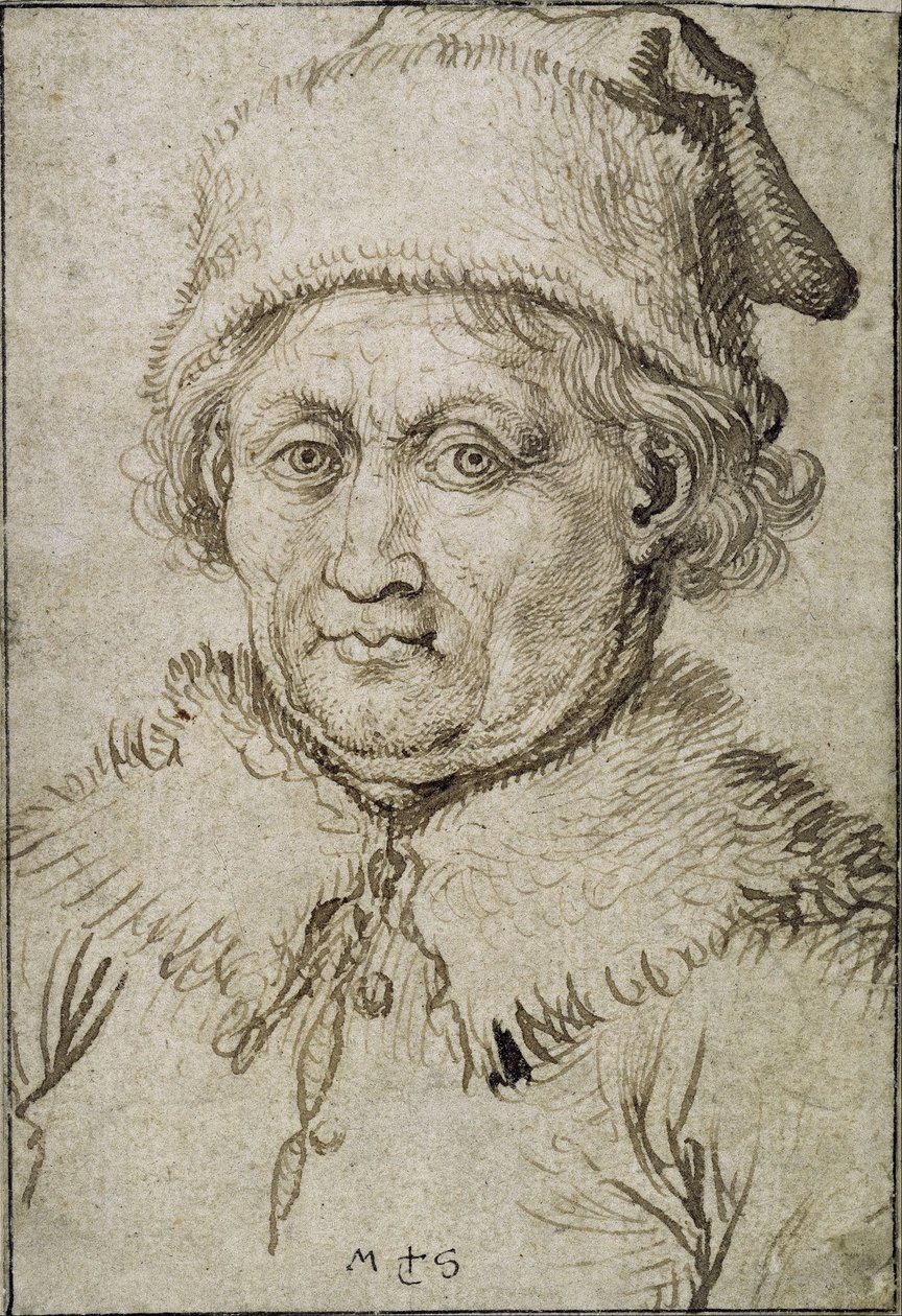 Imagen de busto de un anciano con cuello de piel y sombrero de Martin Schongauer
