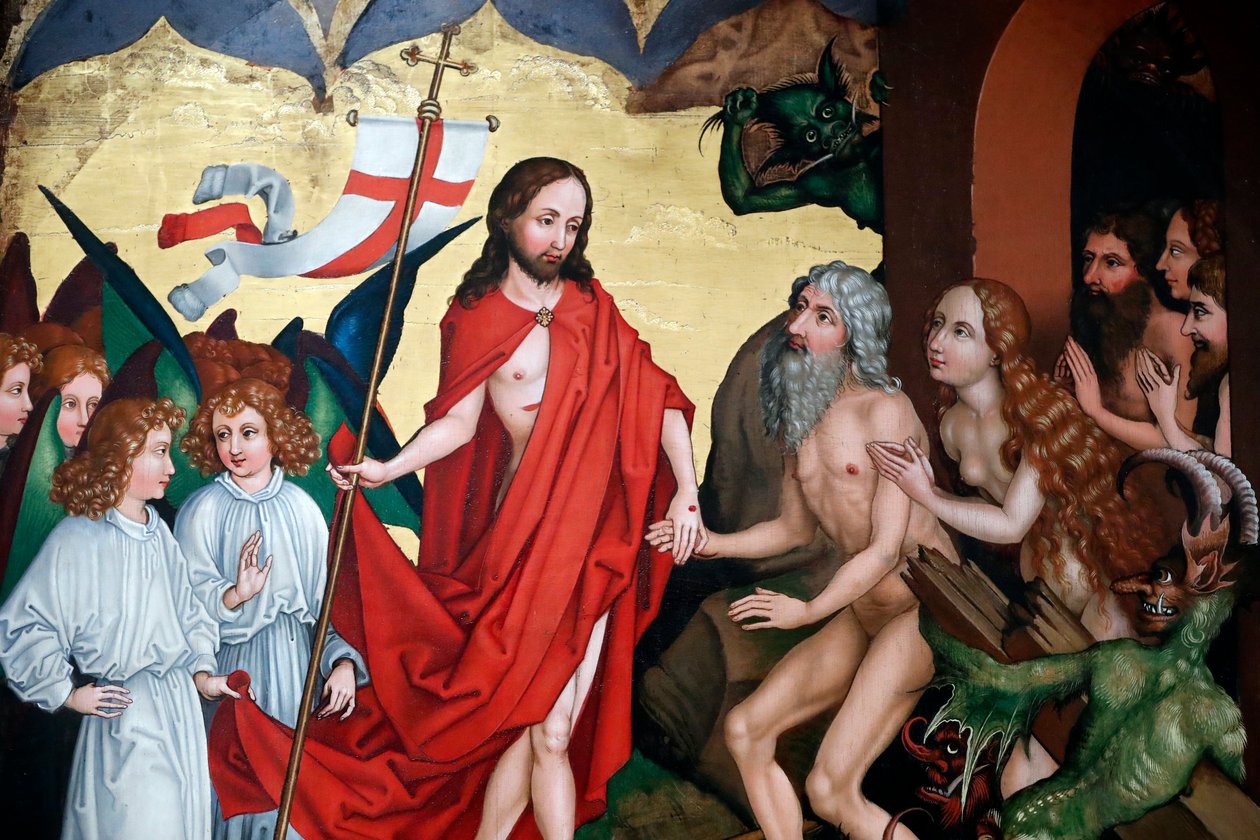 Jesús saca a Adán y Eva de sus tumbas en la resurrección de Martin Schongauer