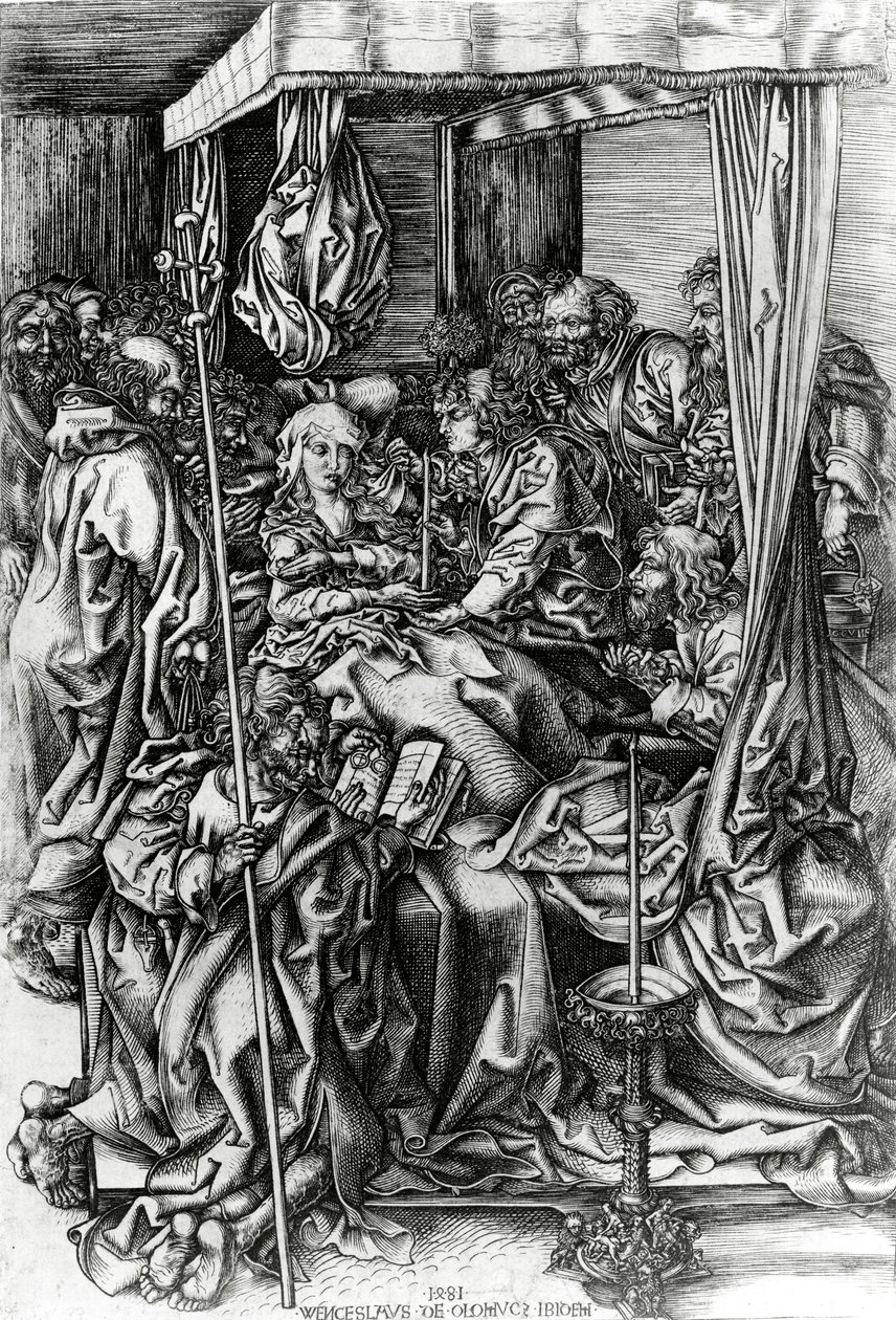 La muerte de la Virgen, grabado por Wenzel von Olmutz, 1481 de Martin Schongauer