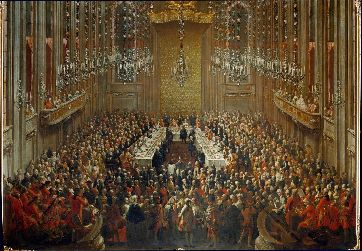 Banquete con motivo de la boda del Emperador José II e Isabel de Parma el 06/10/1760. Con Mozart de pie en la orquesta de Martin (and studio) Mytens or Meytens