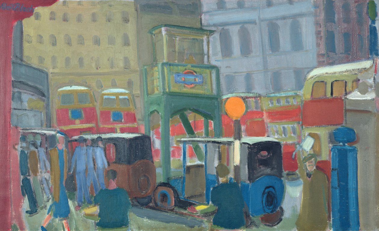 Autobuses en la estación Victoria, Londres (óleo sobre lienzo) de Martin Bloch