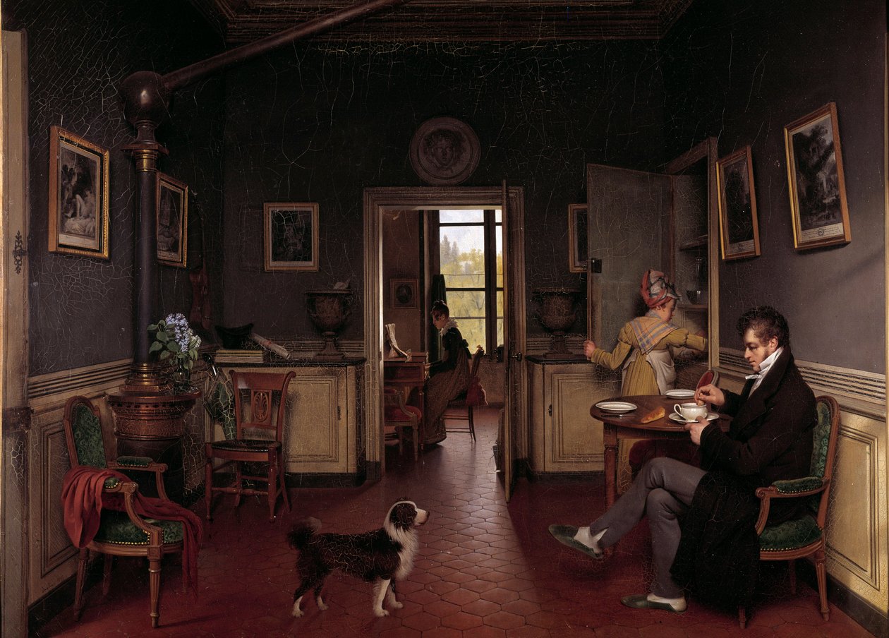 Vista interior de un comedor en 1815 Un hombre en zapatillas toma su desayuno ante la mirada del perro. de Martin Drölling
