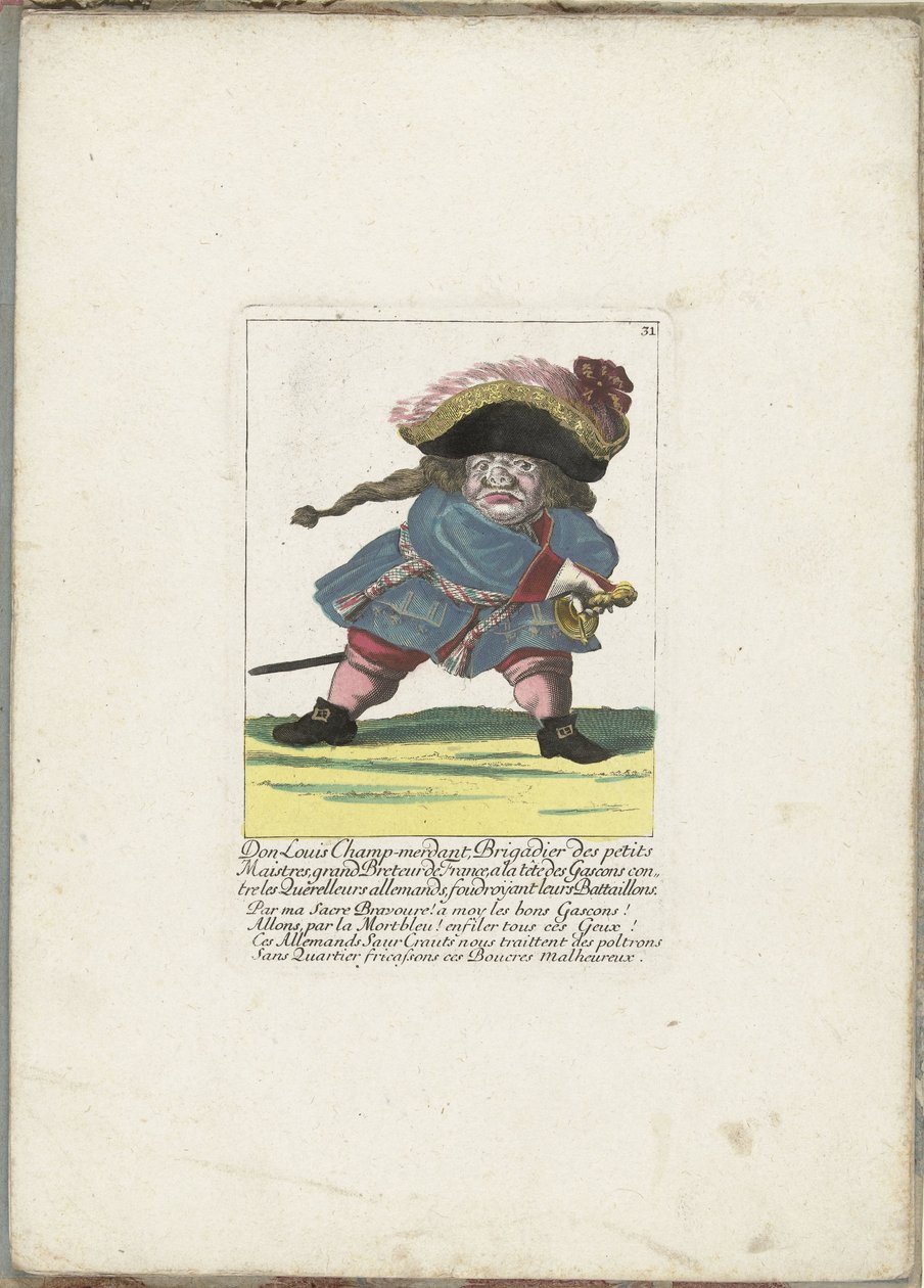De Franse dwerg Don Luis Champ-merdant, ca. 1710 Don Luis Champ-merdant, brigadier de los pequeños maestres, gran breteur de Francia, al frente de los gascones contra los peleones alemanes, derribando sus batallones (título sobre objeto) Il Callotto revivi de Martin Engelbrecht (attributed to)