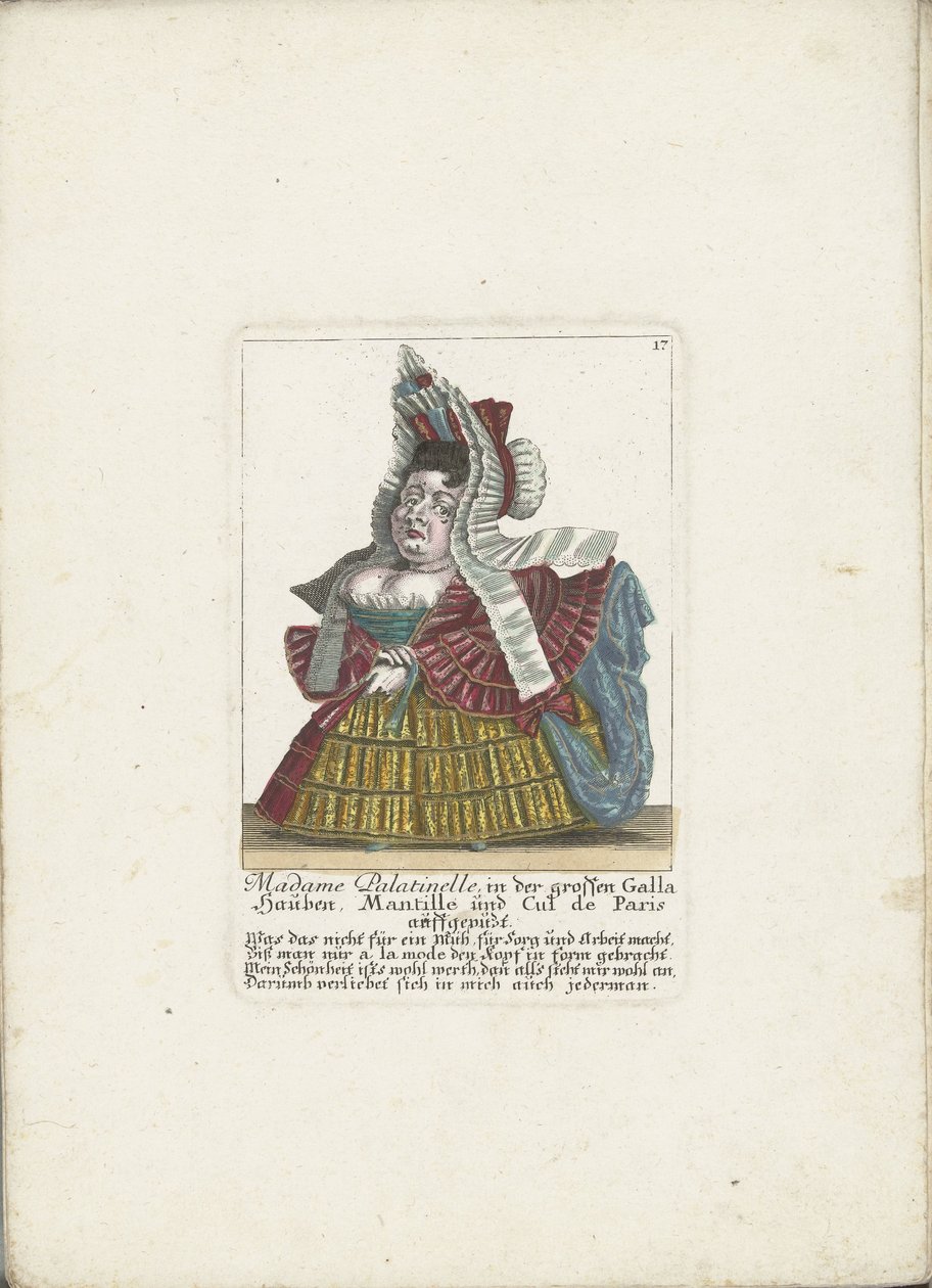 De Franse dwerg Madame Palatinelle, hacia 1710 Madame Palatinelle, gorros, mantilla y cul de Paris ataviados con la gran Galla (título sobre objeto) Il Callotto resurcitato o Gabinete pequeño recién amueblado (título de la serie) de Martin Engelbrecht (attributed to)