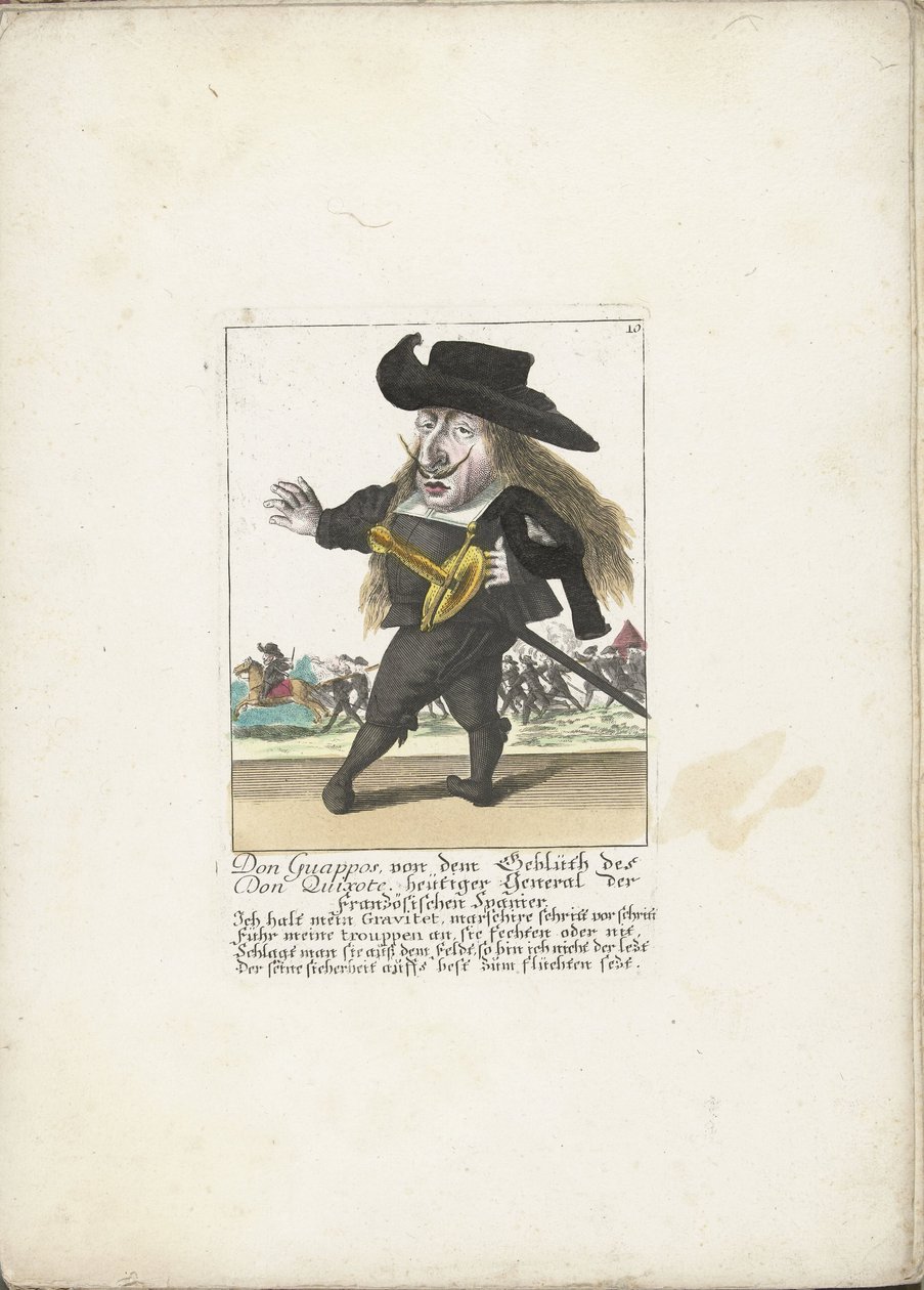 De Spanish dwerg Don Guappos, hacia 1710 Don Guappos, de la sangre de Don Quijote, hoy General de los españoles franceses (título sobre objeto) Il Callotto resurcitato o Gabinete pequeño recién amueblado (título de la serie) de Martin Engelbrecht (attributed to)