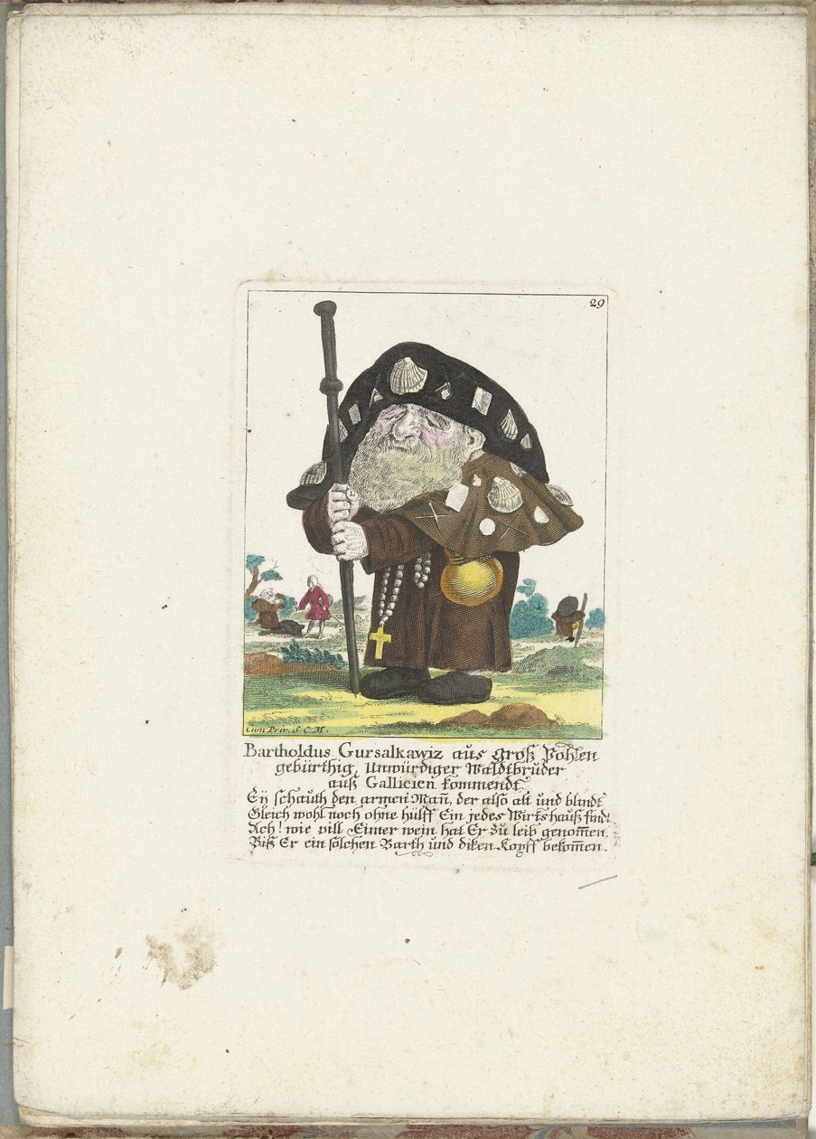 De dwerg Bartholdus Gursalkawiz como peregrino uit Compostela, hacia 1710 Bartholdus Gursalkawiz, nacido en Groß Pohlen, indigno hermano del bosque de Galicia (título sobre objeto) Il Callotto resurcitato o Gabinete recién amueblado (serie de Martin Engelbrecht (attributed to)