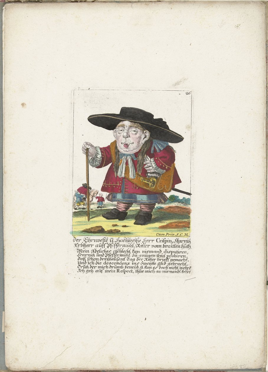 De dwerg Crispin Skarnitz, hacia 1710 El Ehrnveste y Hochweiße Herr Crispin, señor hereditario de Skarnitz auff Pfeffermühl, caballero de braitten huth (título sobre el objeto) Il Callotto resurcitato o Gabinete pequeño recién amueblado (título de la serie de Martin Engelbrecht (attributed to)