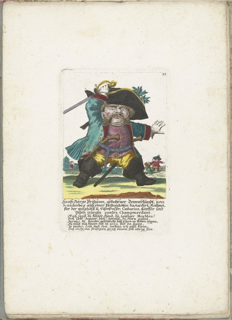 De dwerg Hanss Görge Prijhann como oficial woeste, hacia 1710 Hanß Görge Prijhann, nacido Donnerhundt, de Scanderbeg de un bastardo Hottendottin Rottmeister el atrevido y devorador de hierro, Catharina, köpffer y Bluth gurgln contra Champmerdant (título de Martin Engelbrecht (attributed to)