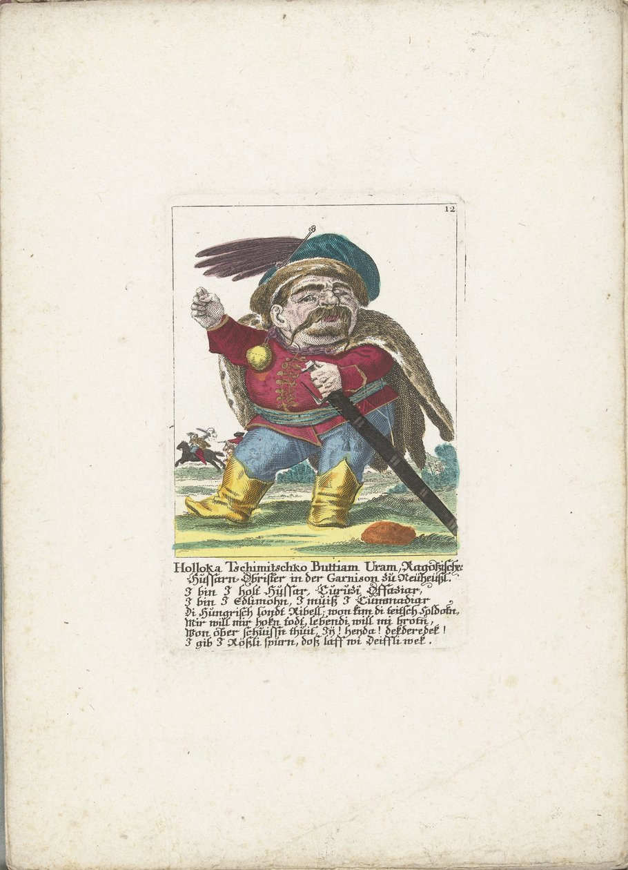 De dwerg Holloka Chimichko Buttiam uranio como huzaar, alrededor de 1710 Holloka Tschimitschko Buttiam Uran, coronel Ragoßischer Hussarn en la guarnición de Neuheussl (título sobre el objeto) Il Callotto resurcitato o Gabinete pequeño recién amueblado (tít de Martin Engelbrecht (attributed to)