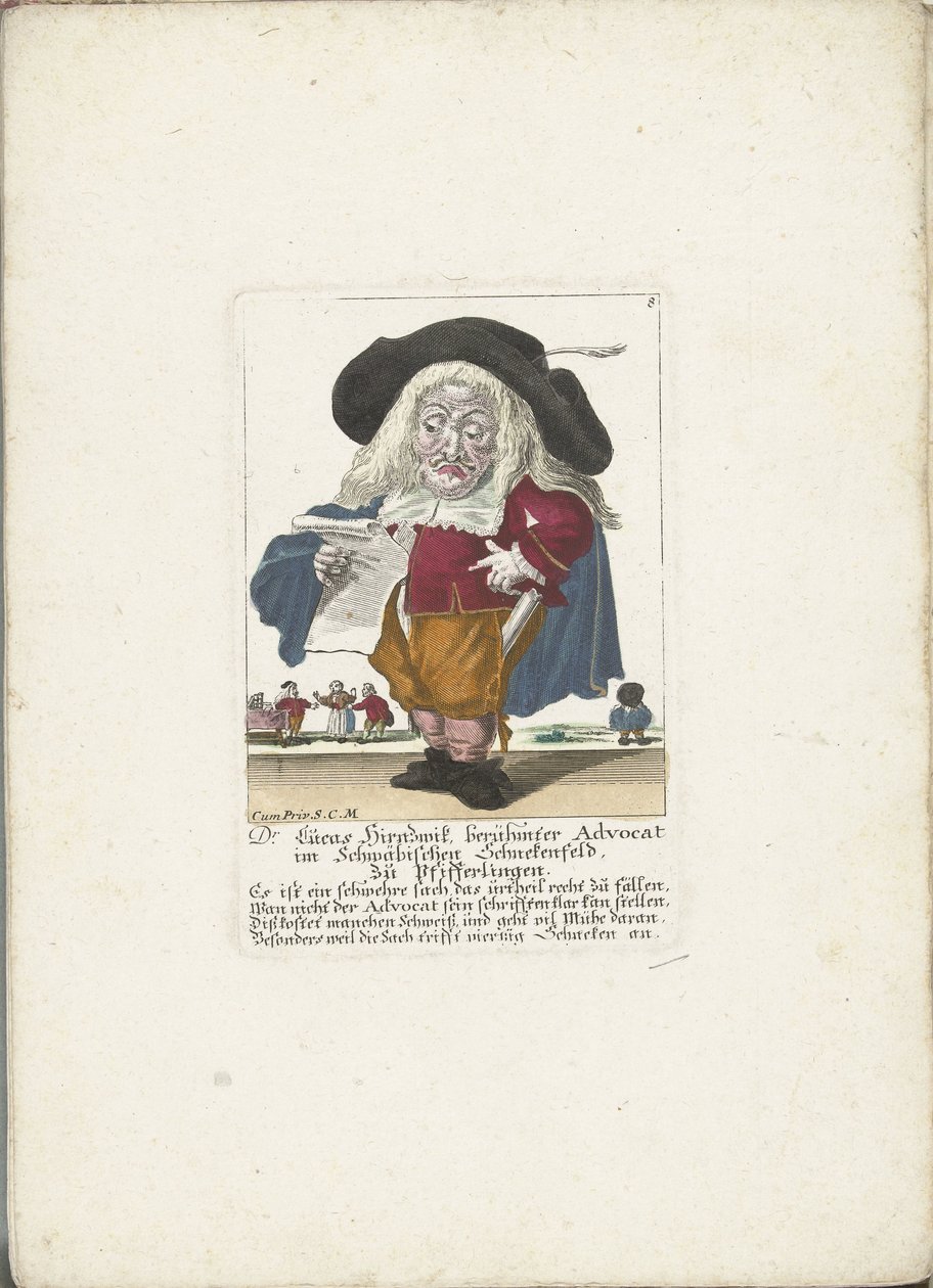 De dwerg Lucas Hirnzwik como een advocaat, hacia 1710 dr. Lucas Hirnzwik, famoso abogado en Suabia Schnekenfeld, sobre rebozuelos (título sobre objeto) Il Callotto resurcitato o Gabinete pequeño recién amueblado (título de la serie) de Martin Engelbrecht (attributed to)