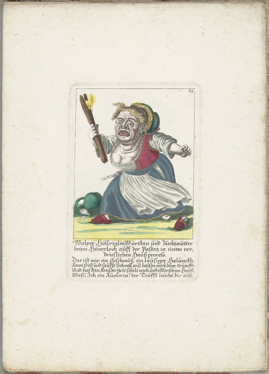 De dwerg Malper Höllriglin como waardin, hacia 1710 Malper Höllriglin Würthin y madre reproductora en Hünerloch auff der Pasteij, en un pleito doméstico malhumorado (título sobre el objeto) Il Callotto resurcitato o Gabinete pequeño recién amueblado (títul de Martin Engelbrecht (attributed to)