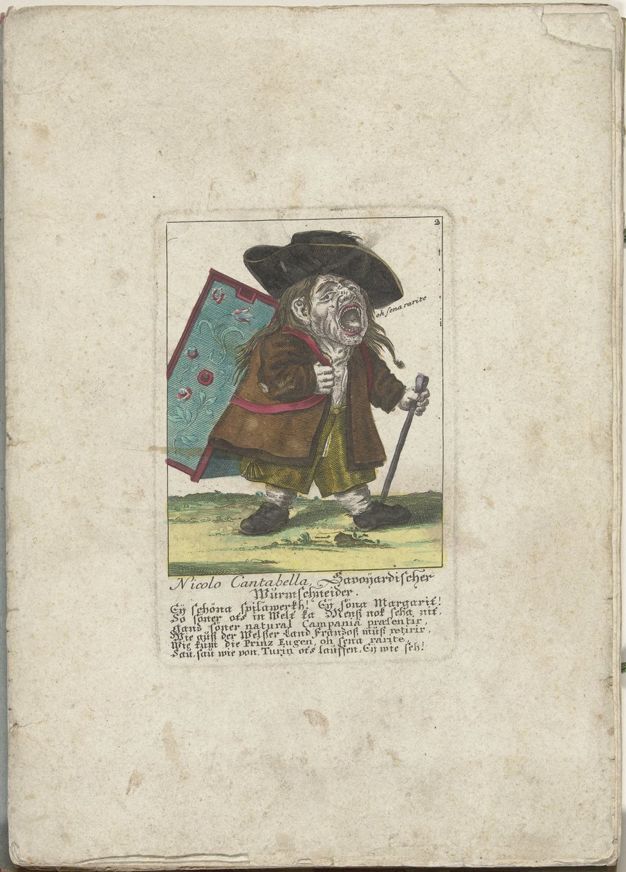 De dwerg Nicolo Cantabella, hacia 1710 Nicolo Cantabella, cortador de gusanos de Saboya (título sobre el objeto) Il Callotto resurcitato o Gabinete pequeño recién amueblado (título de la serie) de Martin Engelbrecht (attributed to)
