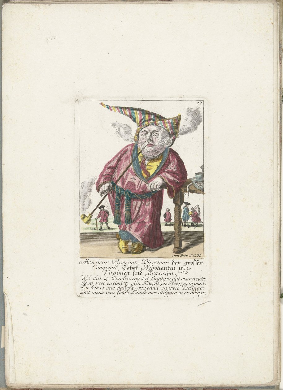 De dwerg Piperouk como director de una empresa de estancos, hacia 1710 Monsieur Piperouk, director de la gran empresa Tabak Negotianten en Virginia y Brasil (título sobre el objeto) Il Callotto resurcitato o Gabinete pequeño recién amueblado (título de la  de Martin Engelbrecht (attributed to)