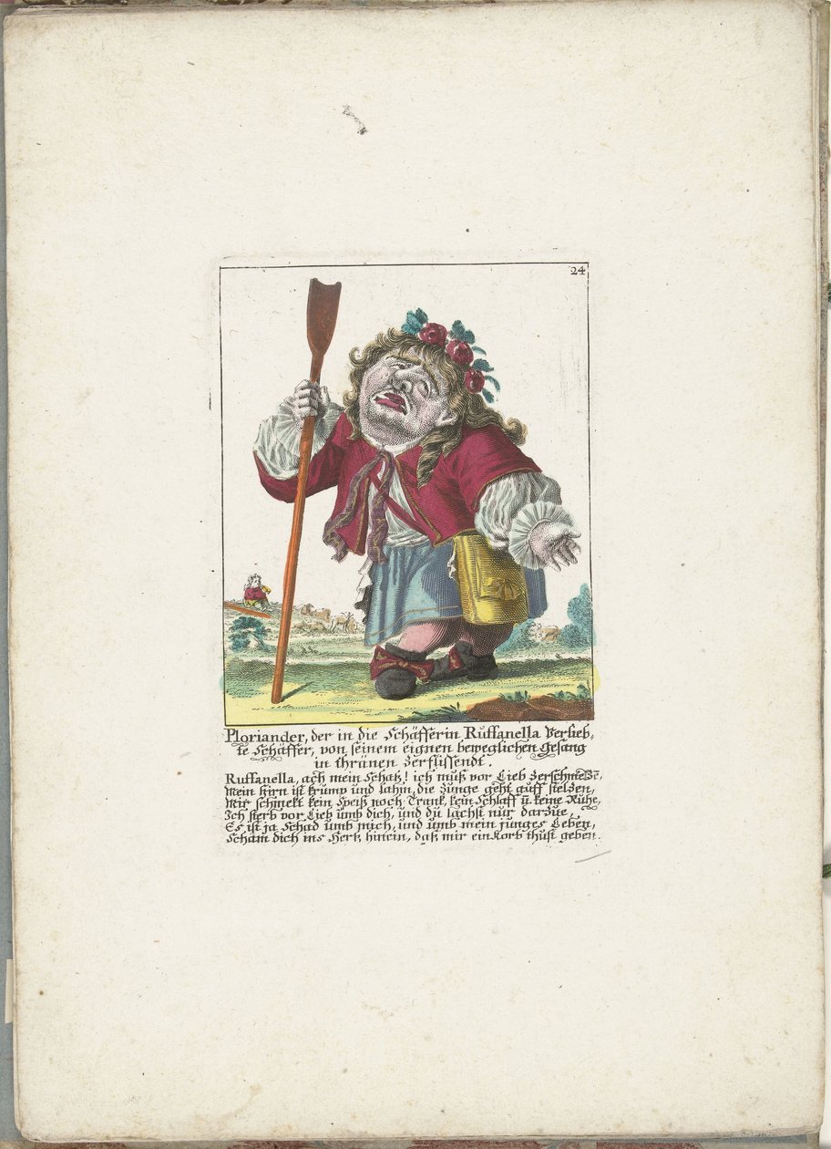 De dwerg Ploriander como pastor, hacia 1710 Ploriandro, el pastor enamorado de la pastora Ruffanella, rompiendo a llorar con su propia canción conmovedora (título sobre objeto) Il Callotto resurcitato o Gabinete recién amueblado (serie de Martin Engelbrecht (attributed to)
