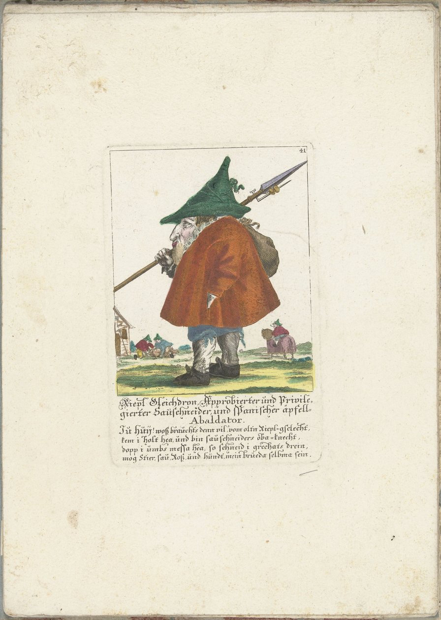 El dwerg Riepl Gleichdron, hacia 1710 Riepl Gleichdron, cortador de salchichas autorizado y privilegiado, y abaldador español de manzanas (título sobre el objeto) Il Callotto resurcitato o Gabinete pequeño recién amueblado (título de la serie) de Martin Engelbrecht (attributed to)