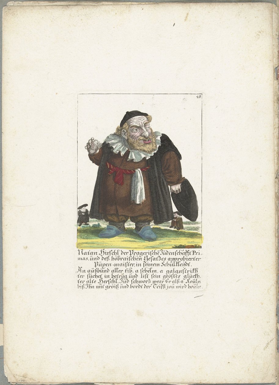 De joodse dwerg Natan Hirschl, hacia 1710 Natan Hirschl, primado de la judería de Praga y Püpen-maister aprobado por la ley Hoebraic, con su ropa escolar (título sobre el objeto) Il Callotto resurcitato o Gabinete Zwerchen recién amueblado (se de Martin Engelbrecht (attributed to)