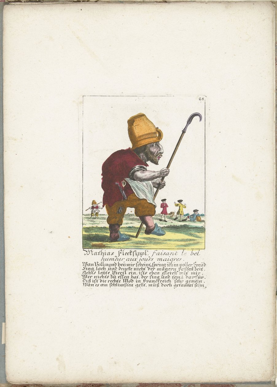 El alegre enano Mathias Flecksippl, ca. 1710 Mathias Flecksippl, faisant le bel humeur aux jours maigres (título sobre el objeto) Il Callotto resurcitato oder Neu eingerichtes Zwerchen Cabinet (título de la serie) de Martin Engelbrecht (attributed to)