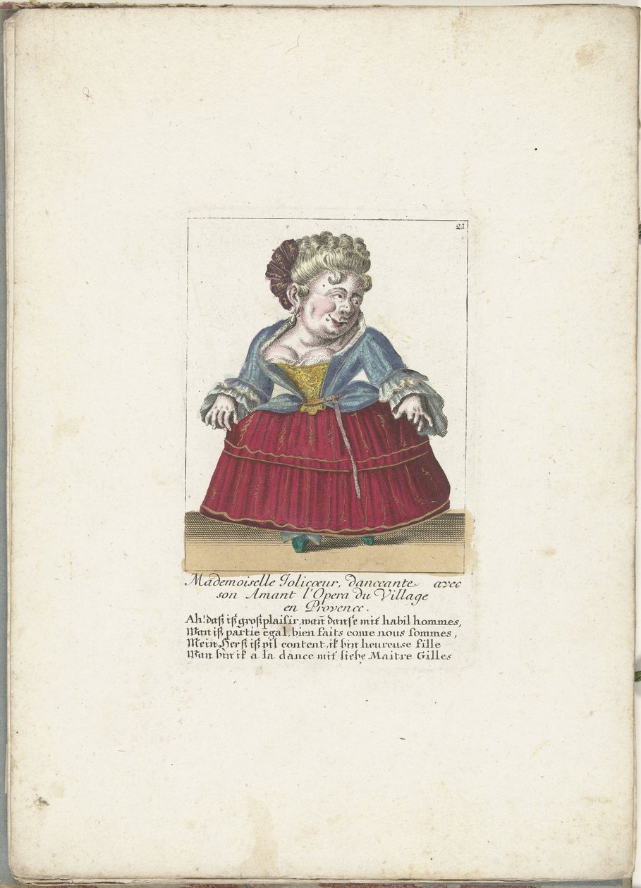 Dwerg als de Franse Mademoiselle Jolicoeur, ca. 1710 Mademoiselle Jolicoeur, bailarina con su amante en la Opera du Village de Provenza (título sobre el objeto) Il Callotto resurcitato oder Neu eingerichtes Zwerchen Cabinet (título de la serie) de Martin Engelbrecht (attributed to)