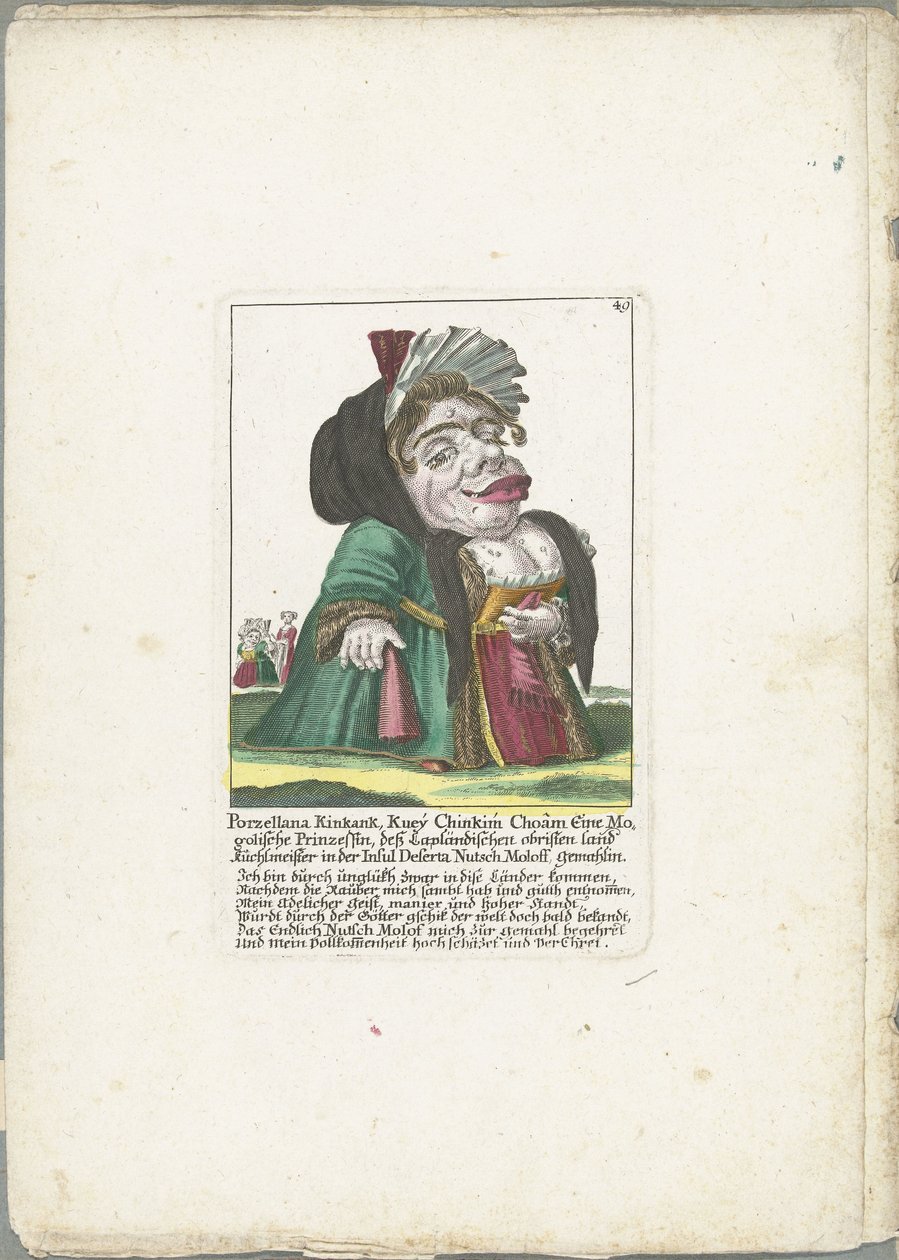 Caricatura de Porzellana Kinkank Porzellana Kinkank, Kuey Chinkim Choâm Una princesa mogola, la tierra de Laponia poseía Kuchlmeister en la isla de Deserta Nutsch Moloff, esposa (título sobre el objeto) Il Callotto resurcitato o Reformado de Martin Engelbrecht (attributed to)