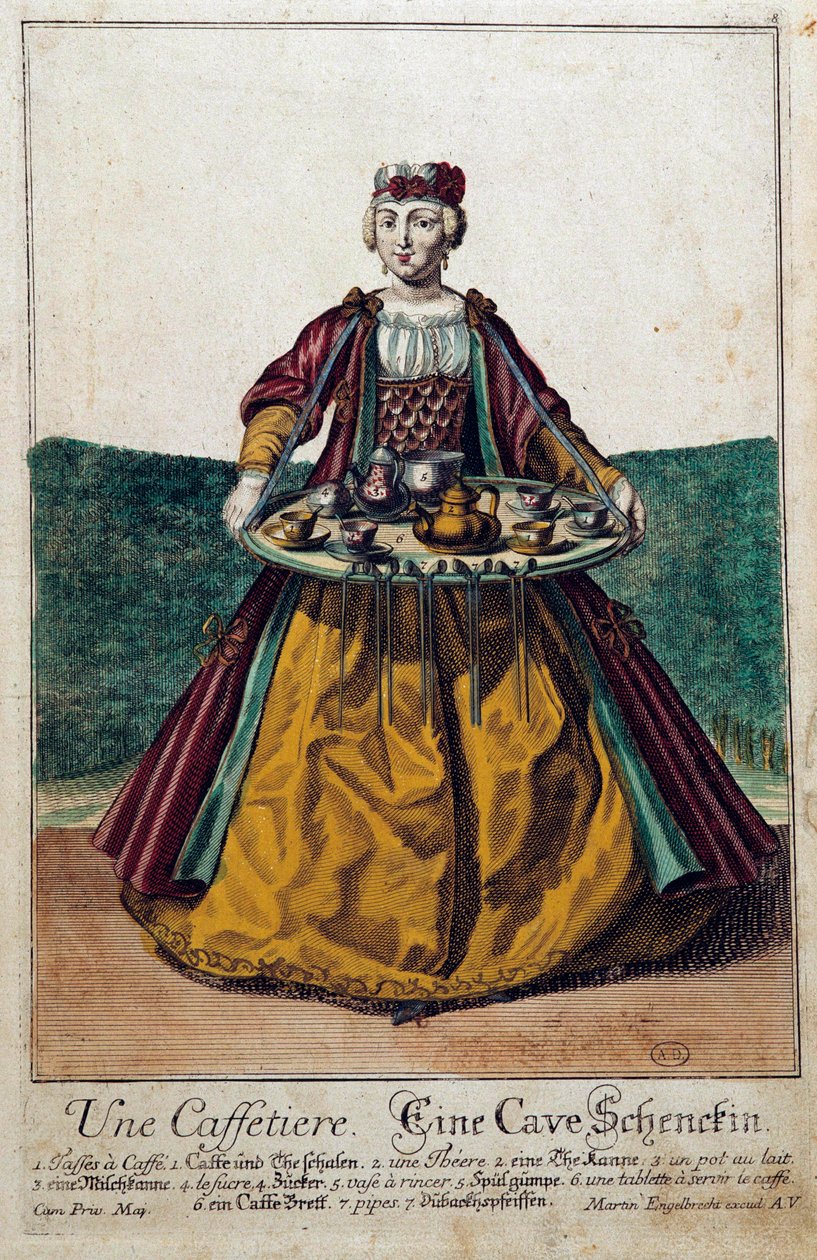 Una cafetera: una joven llevando una bandeja con un servicio de café. Grabado de Martin Engelbrecht (siglo XVIII) de Martin Engelbrecht