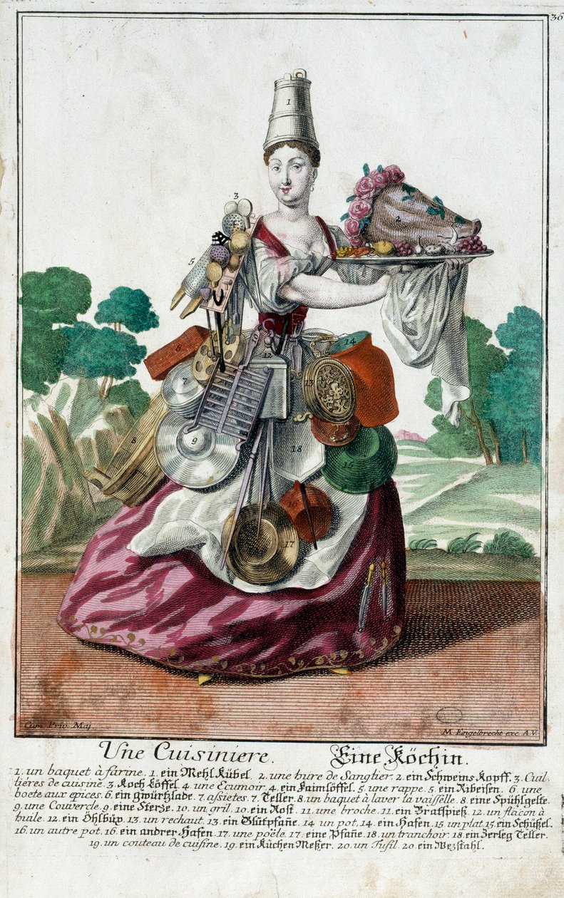 Un cocinero. Grabado por Martin Engelbrecht (1684-1756), en "Nueva asamblea de las manouvries habilles" siglo XVIII, Alemania. París, Artes Decorativas de Martin Engelbrecht