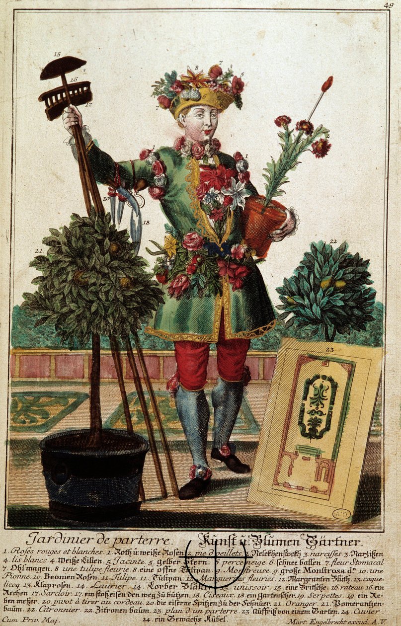Un jardinero. Grabado de Martin Engelbrecht (1684-1756), en “Nueva asamblea de las manouvries habilles” siglo XVIII, Alemania. París, Artes Decorativas de Martin Engelbrecht