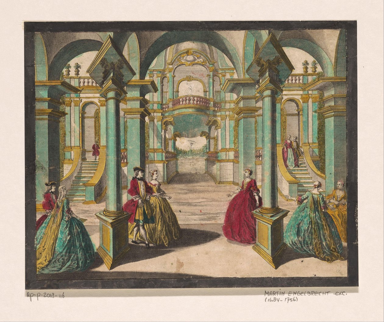 Vista del interior de un palacio, con varias damas y caballeros ricamente vestidos de Martin Engelbrecht