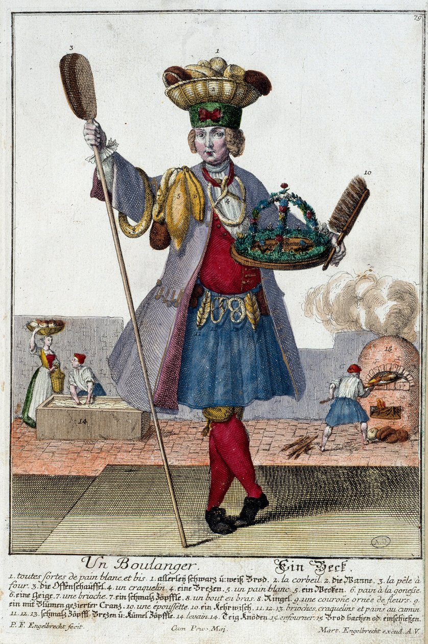 Oficio: Un panadero. Grabado por Martin Engelbrecht (1684-1756), en "Nueva asamblea de los manouvriers habillés" siglo XVIII, Alemania. París, Artes Decorativas de Martin Engelbrecht