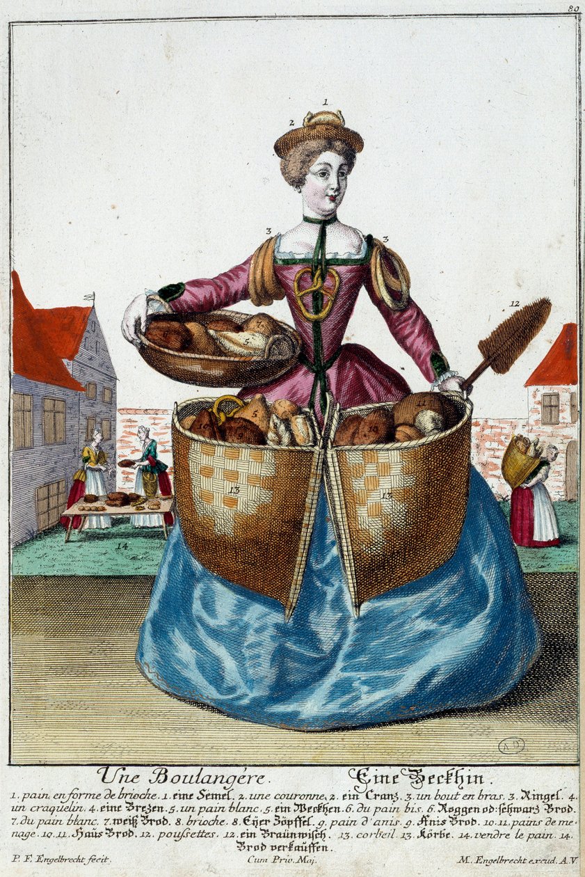 Oficio: Un panadero. Grabado por Martin Engelbrecht (1684-1756), en "Nueva asamblea de los manouvriers habillés" siglo XVIII, Alemania. París, Artes Decorativas de Martin Engelbrecht