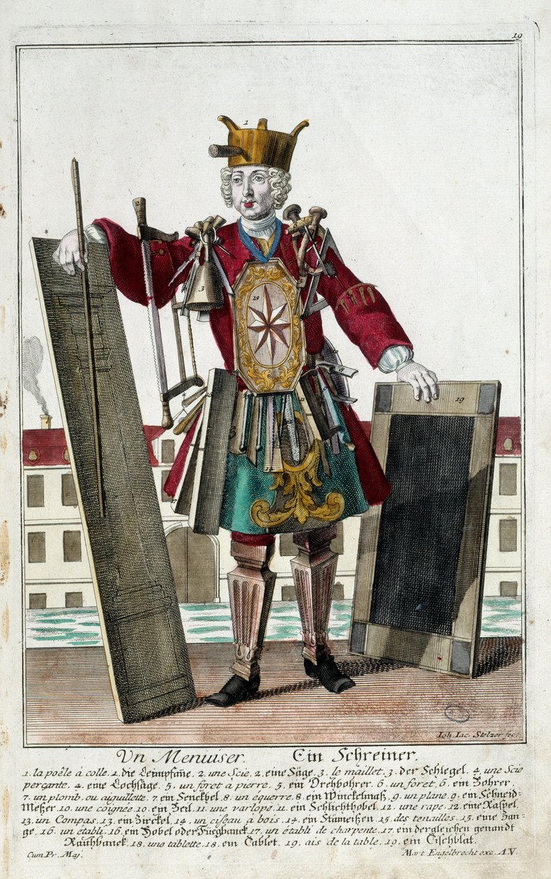 Oficio: Un carpintero. Grabado por Martin Engelbrecht (1684-1756), en "Nueva asamblea de los manouvriers habillés" siglo XVIII, Alemania. París, Artes Decorativas de Martin Engelbrecht