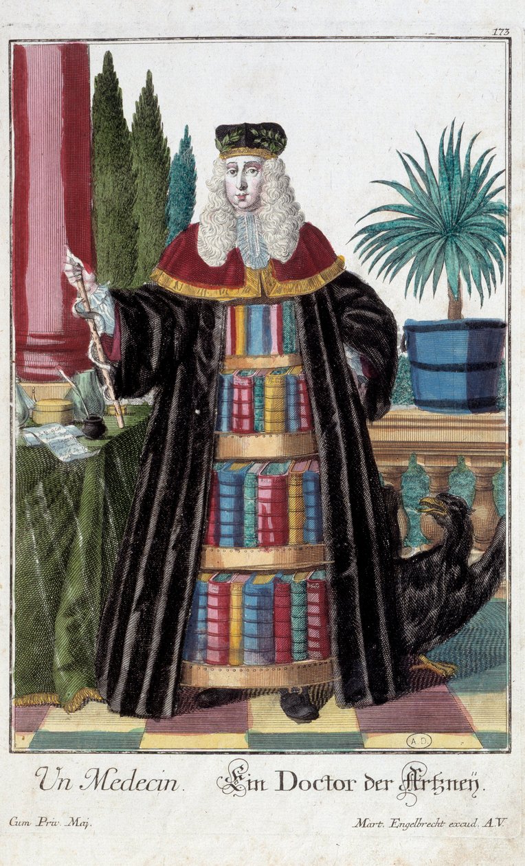 Oficio: Un doctor. Grabado de Martin Engelbrecht (1684-1756), en “Nueva asamblea de las manouvries habilles” siglo XVIII, Alemania. París, Artes Decorativas de Martin Engelbrecht