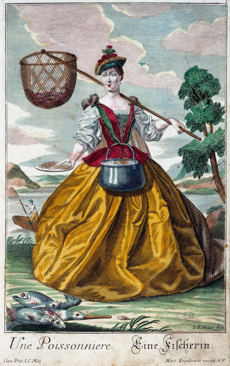 Oficio: Un pez. Grabado por Martin Engelbrecht (1684-1756), en "Nueva asamblea de los manouvriers habillés" siglo XVIII, Alemania. París, Artes Decorativas de Martin Engelbrecht