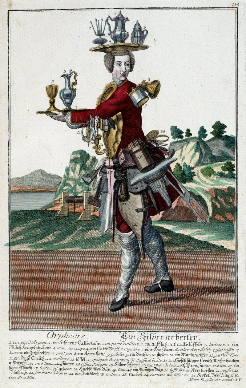Oficio: Un pez dorado. Grabado de Martin Engelbrecht (1684-1756), en “Nueva asamblea de las manovrias vestidas” siglo XVIII, Alemania. París, Artes Decorativas de Martin Engelbrecht